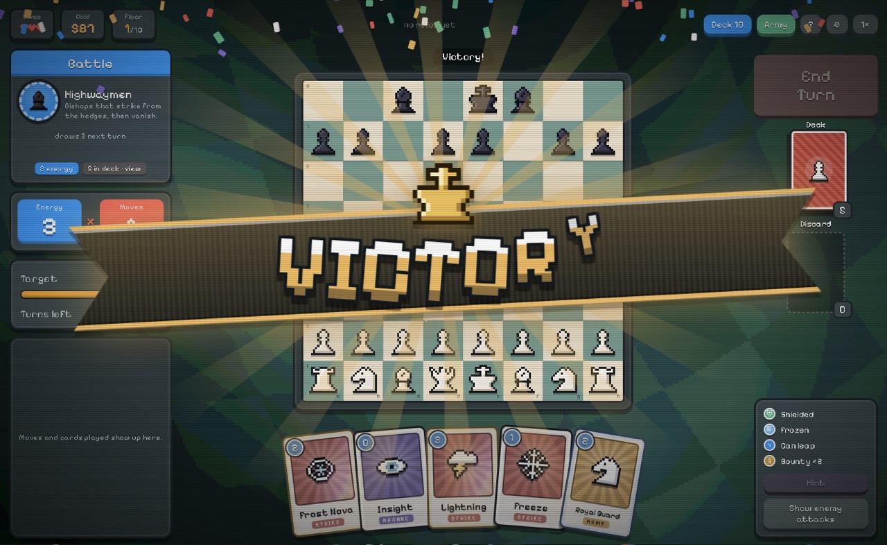 Gambit Deck battle won: the VICTORY banner sweeps over the chessboard with the hand of cards below